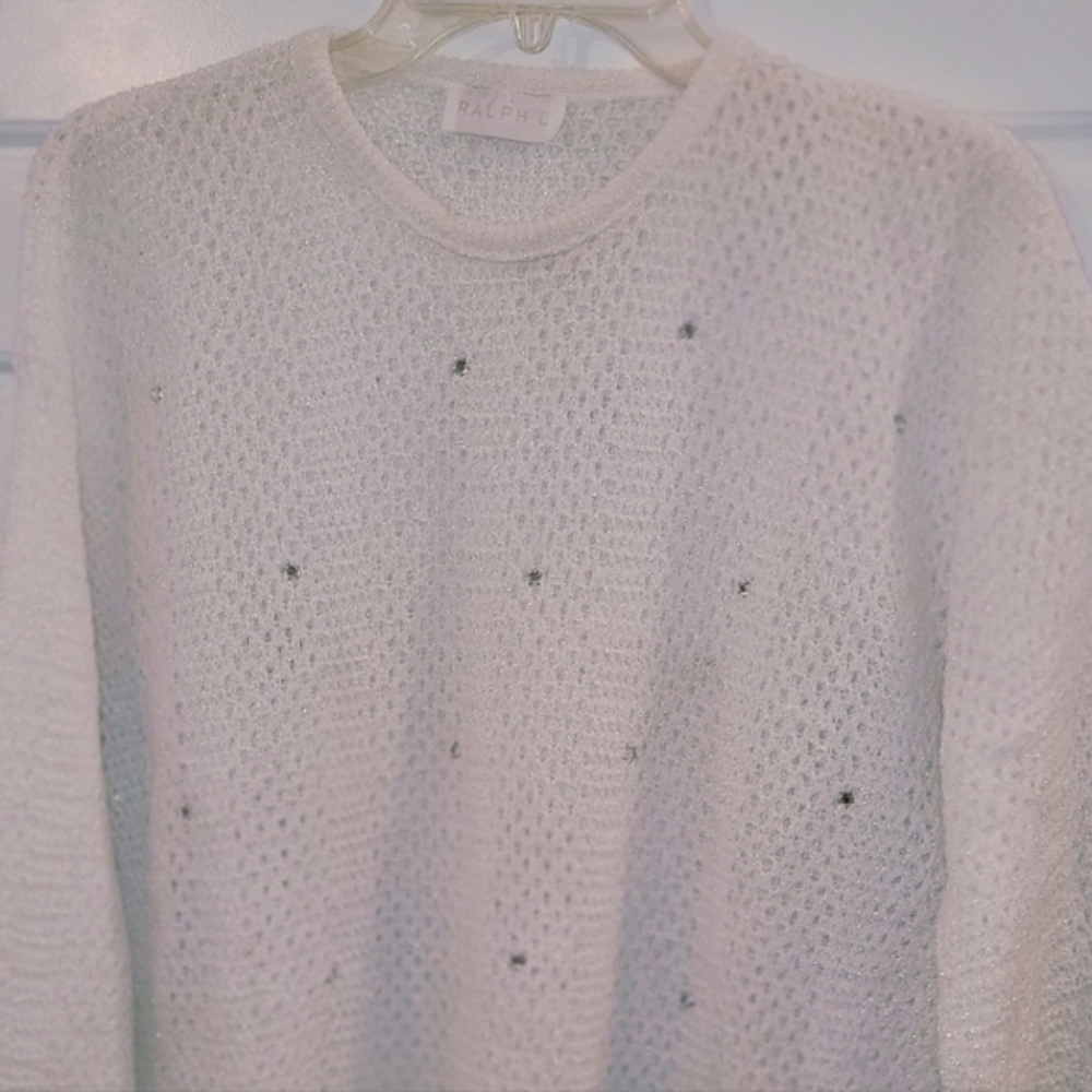 Ralph Lauren White Open Knit Sweater Beachy Boho Long Sleeve Large Great Condit - Picture 15 of 16